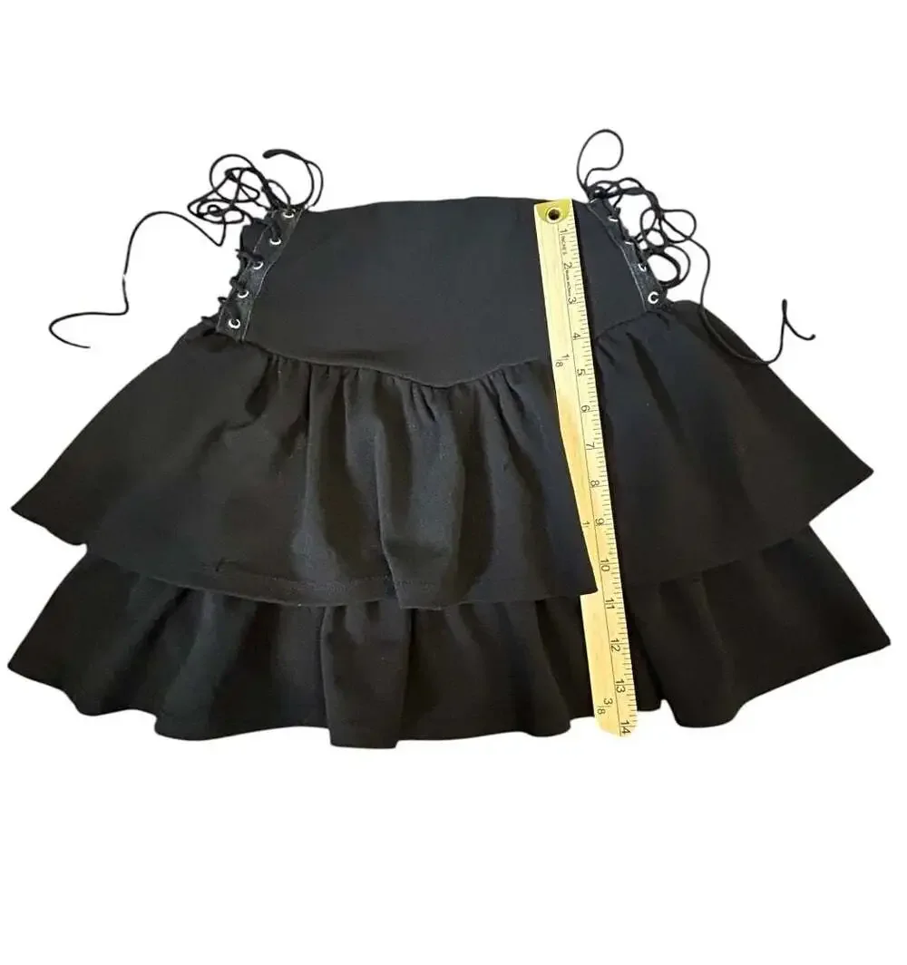 Attirance Black Lace-Up Side Tiered Ruffle Mini Skirt Y2K Gothic